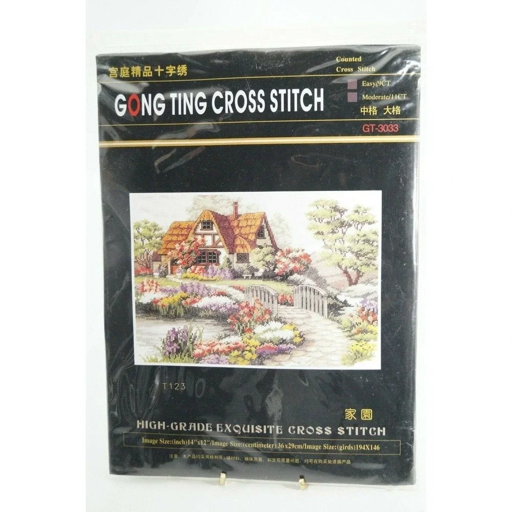 Counted Cross Stitch Kit Tudor Cottage Garden Picture Flowers Bridge Gong Ting